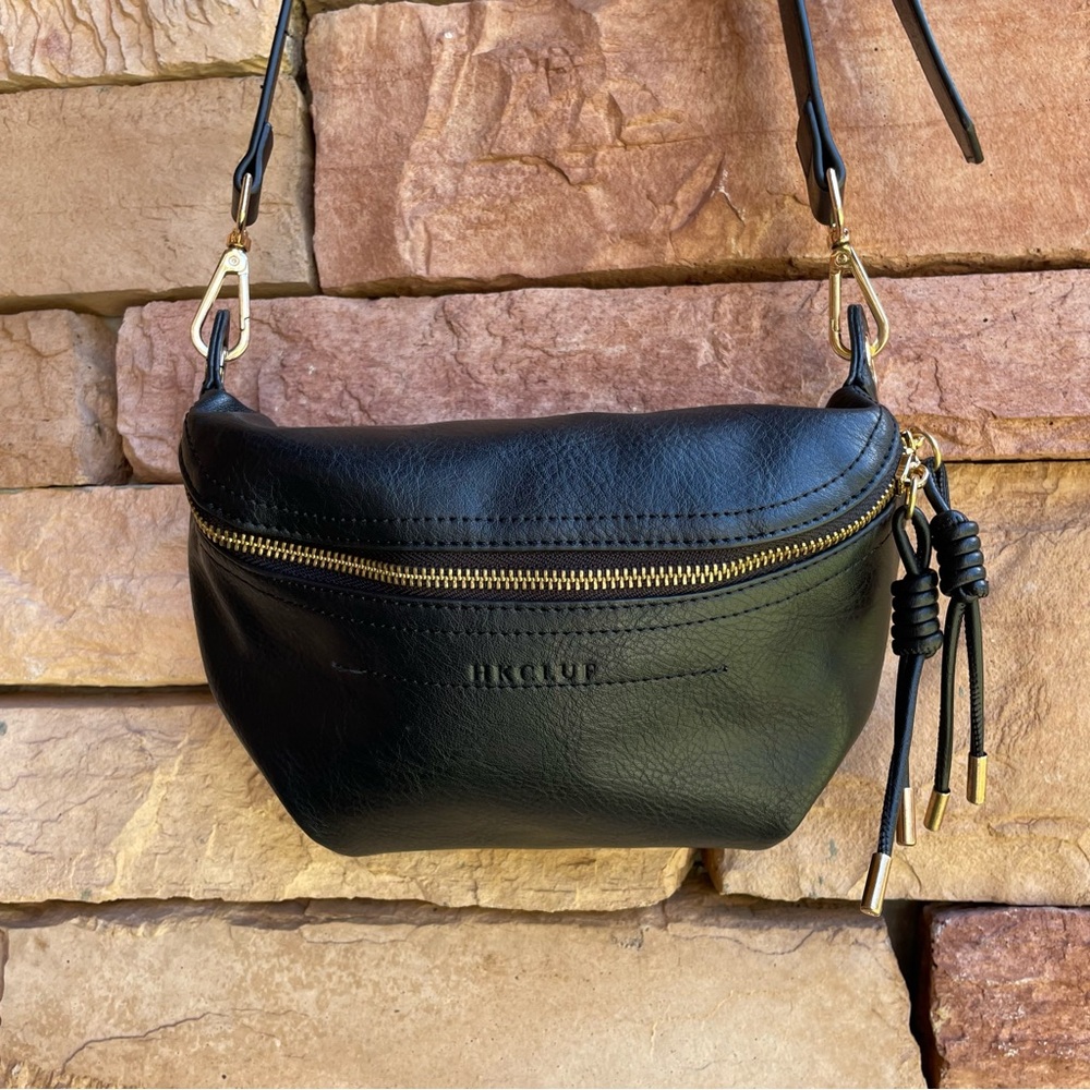 HKCLUF black faux leather fanny pack crossbody bag Like New